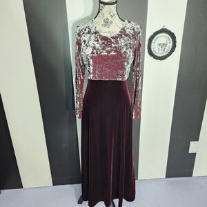 90's Velvet Two-Tone Maxi Dress in Burgundy